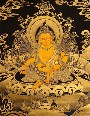 Jambhala Tibetan Thangka Painting in Gold and Black HD phone wallpaper