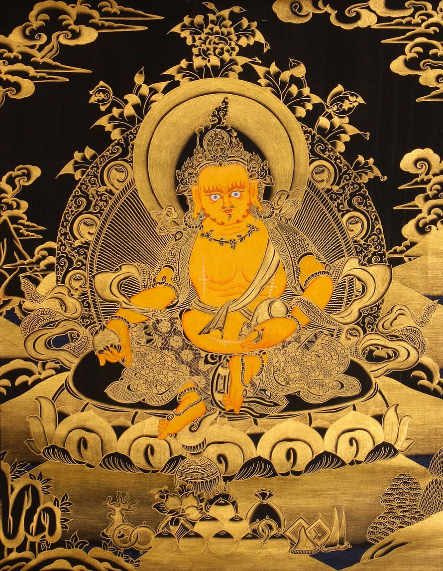 Jambhala Tibetan Thangka Painting in Gold and Black HD phone wallpaper