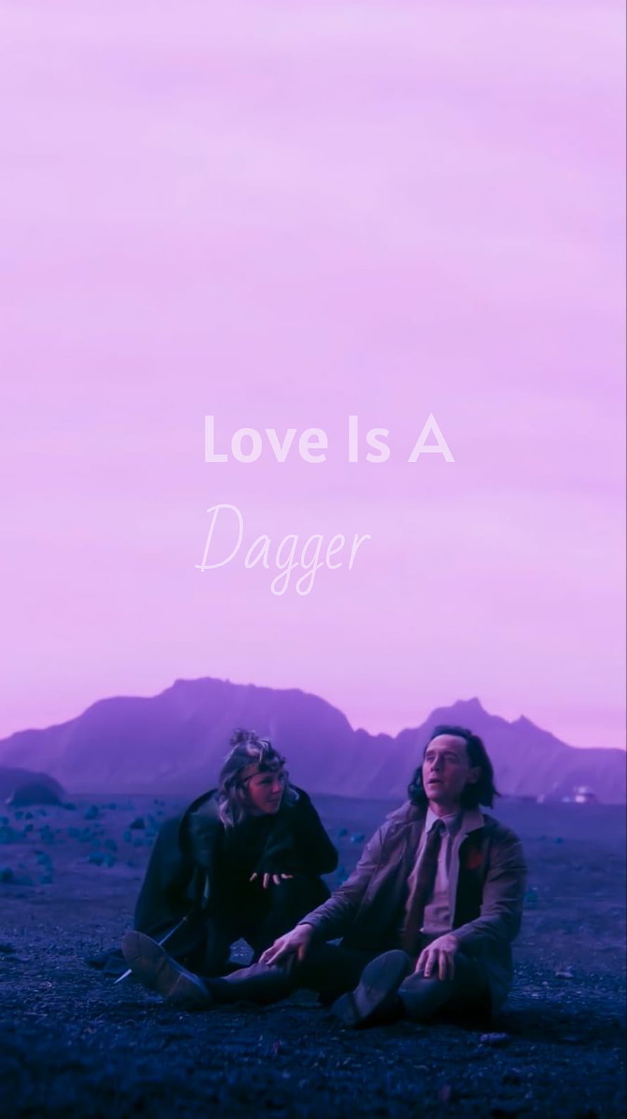 Loki and Sylvie Sitting in a Purple Desert Landscape with Mountains HD phone wallpaper