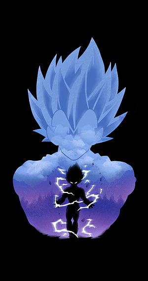 Vegeta Super Saiyan Blue Silhouette with Purple Clouds and Lightning on Black Background HD phone wallpaper