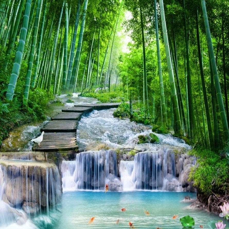 Serene Bamboo Forest Stream with Wooden Bridge and Waterfall HD phone wallpaper