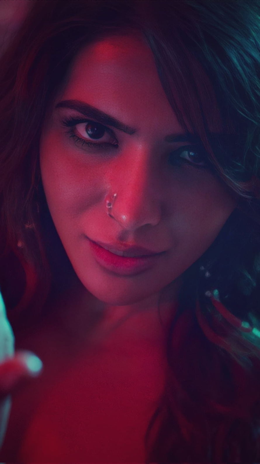 Samantha Akkineni Close-Up Portrait with Dramatic Red and Blue Neon Lighting HD phone wallpaper