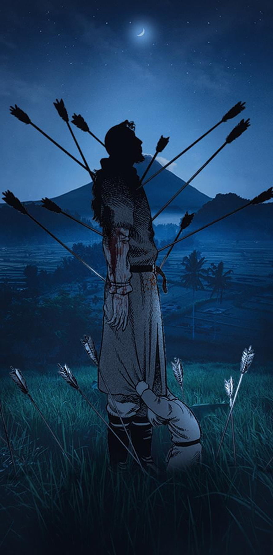 Vinland Saga Thors Death Scene with Arrows and Moonlit Night Landscape HD phone wallpaper