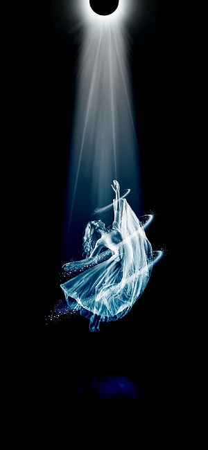 Ethereal dancer in flowing white dress reaching toward divine light beam in dark void HD phone wallpaper
