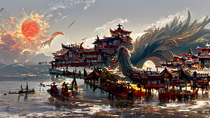 Fantasy Chinese Water Town with Dragon and Floating Architecture HD wallpaper
