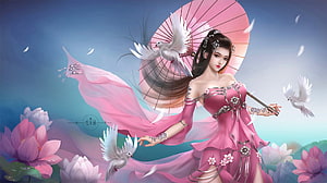 Elegant Woman in Pink Dress Holding Parasol with Doves and Lotus Flowers HD wallpaper