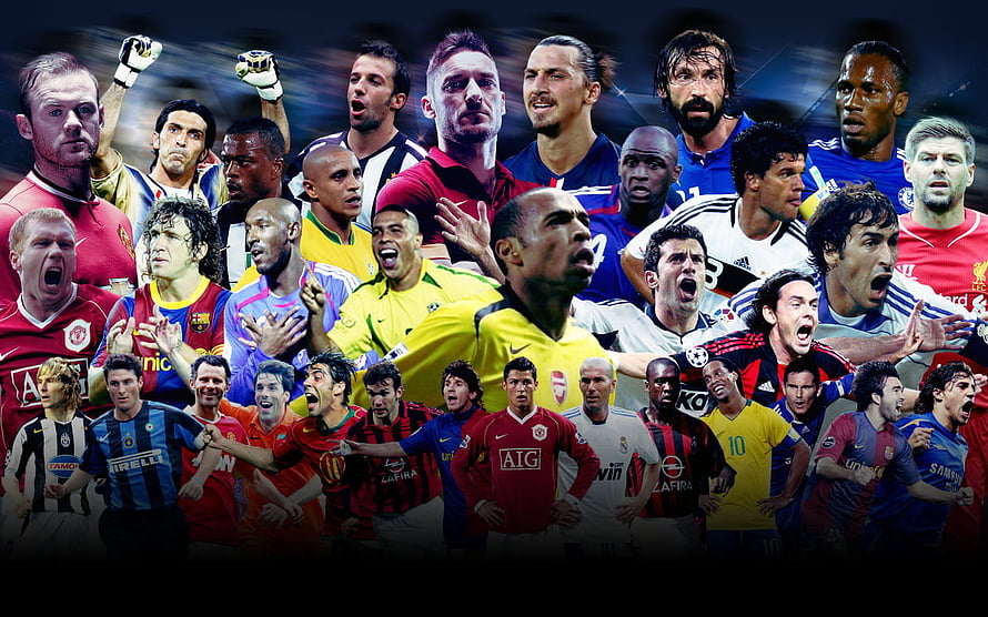 Collage of Celebrating Football Legends in Iconic Club Kits HD wallpaper