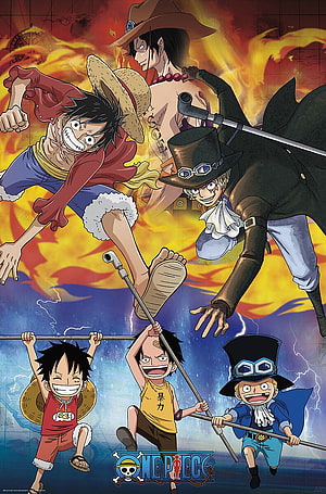 One Piece Anime Poster Featuring Luffy, Ace, and Sabo in Dynamic Action Poses HD phone wallpaper
