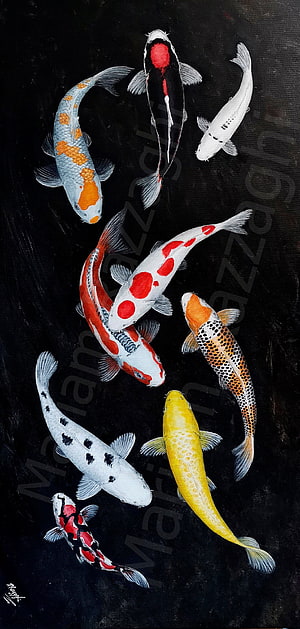 Colorful Koi Fish Schooling in Dark Water Traditional Japanese Painting HD phone wallpaper