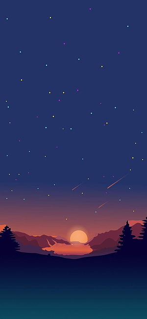 Minimalist Digital Illustration of a Starry Night Sky with Shooting Stars Over a Mountain Lake at Sunset HD phone wallpaper