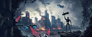 Terminator Genisys Future War Concept Art with Destroyed City and Hovering Drones HD wallpaper
