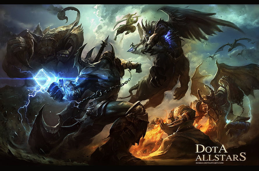 Dota Allstars Epic Fantasy Battle Scene with Armored Warriors and Dark Creatures HD wallpaper