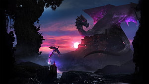 Epic Fantasy Dragon and Magician at Twilight with Glowing Purple Magic HD wallpaper