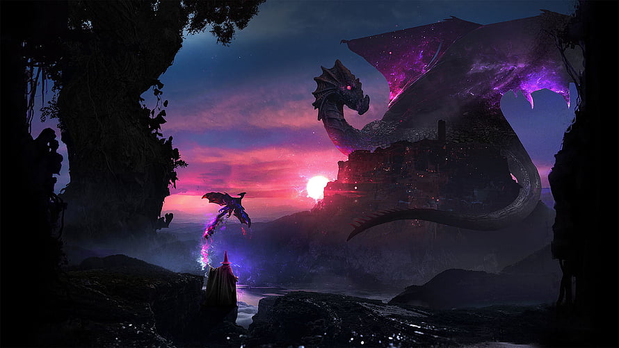 Epic Fantasy Dragon and Magician at Twilight with Glowing Purple Magic HD wallpaper