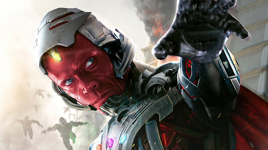 Vision Ultron Hybrid Character in Futuristic Armor with Red Skin and Glowing Gem HD wallpaper