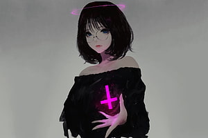 Anime girl with glowing pink halo and cross, wearing round glasses and a black off-shoulder dress HD wallpaper