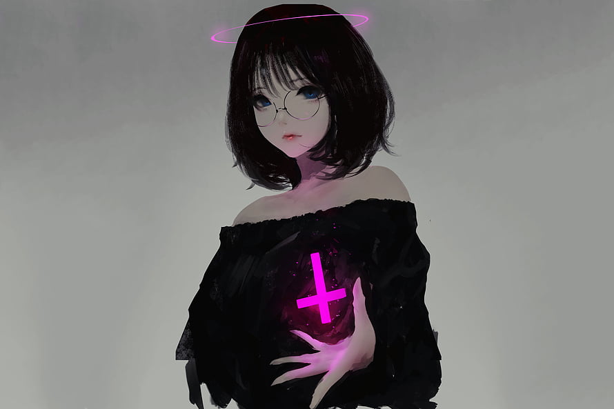 Anime girl with glowing pink halo and cross, wearing round glasses and a black off-shoulder dress HD wallpaper