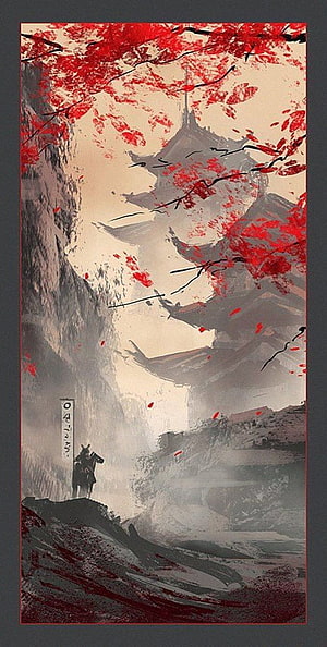 Traditional Japanese Ink Painting of a Warrior and Pagoda Under Red Cherry Blossoms HD phone wallpaper