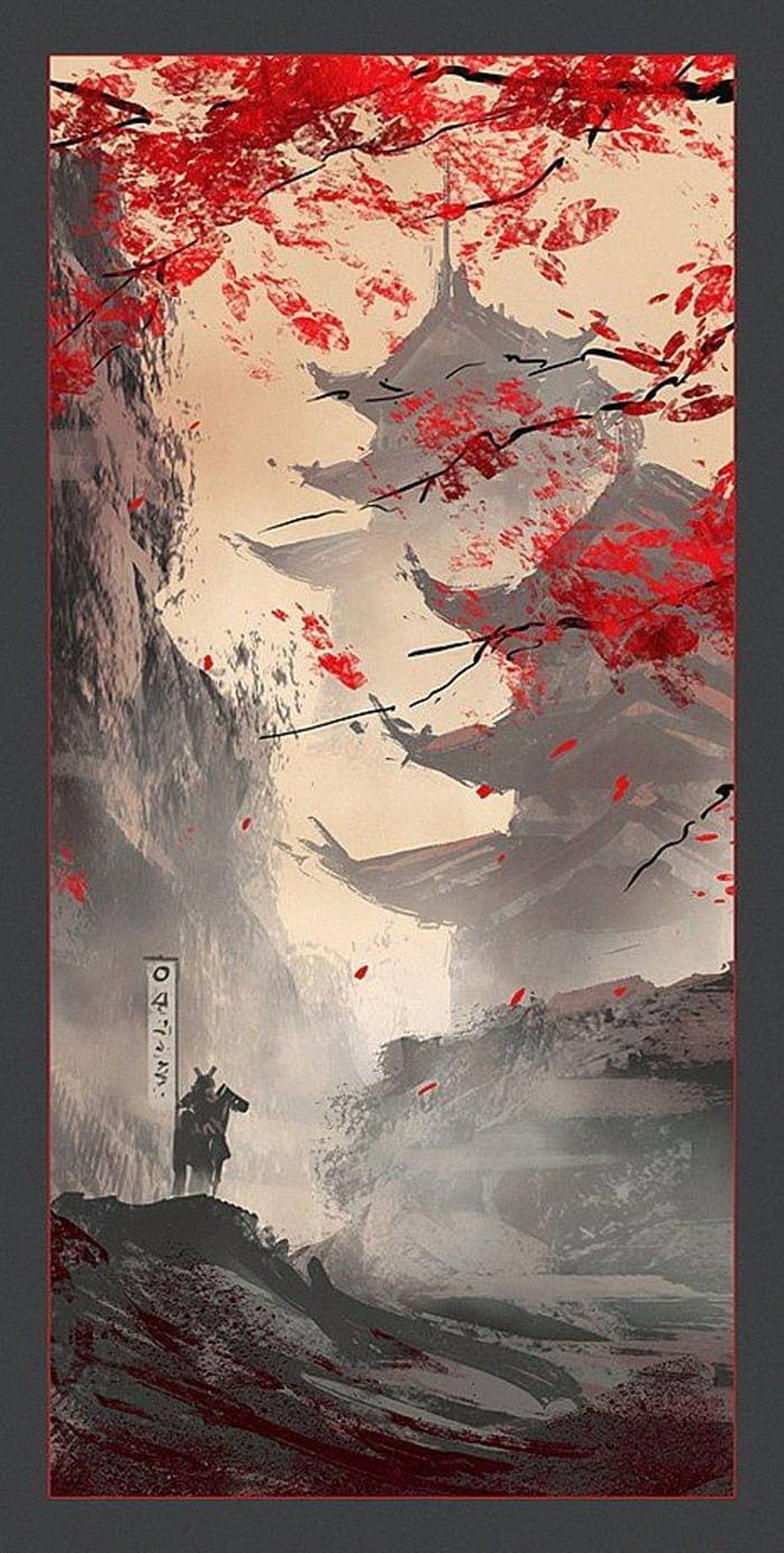Traditional Japanese Ink Painting of a Warrior and Pagoda Under Red Cherry Blossoms HD phone wallpaper