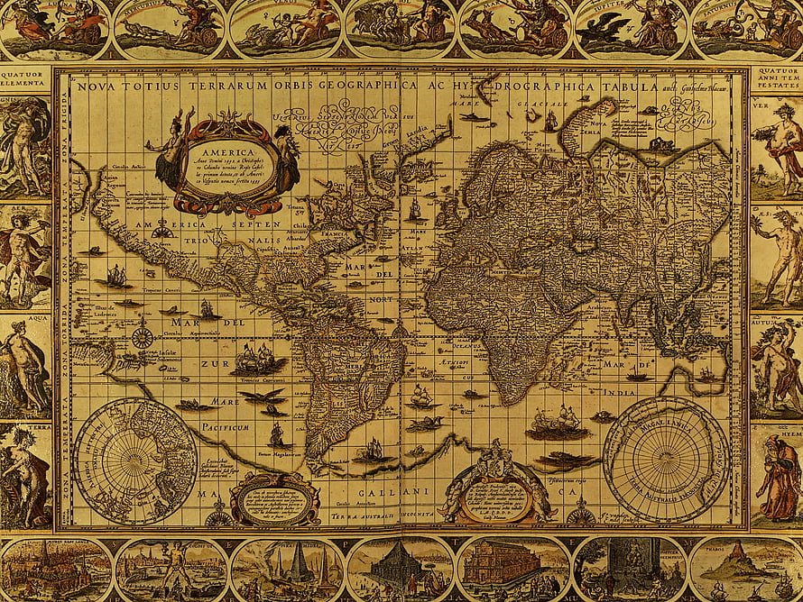 Antique World Map with Decorative Borders and Celestial Medallions HD wallpaper