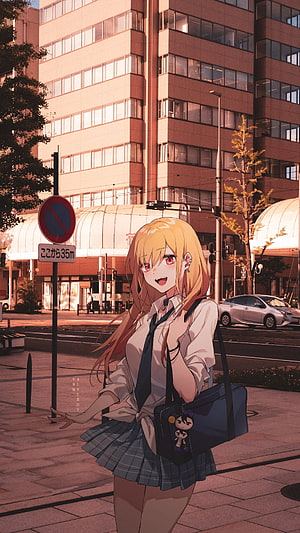 Marin Kitagawa from My Dress-Up Darling in a Japanese City Street at Golden Hour HD phone wallpaper