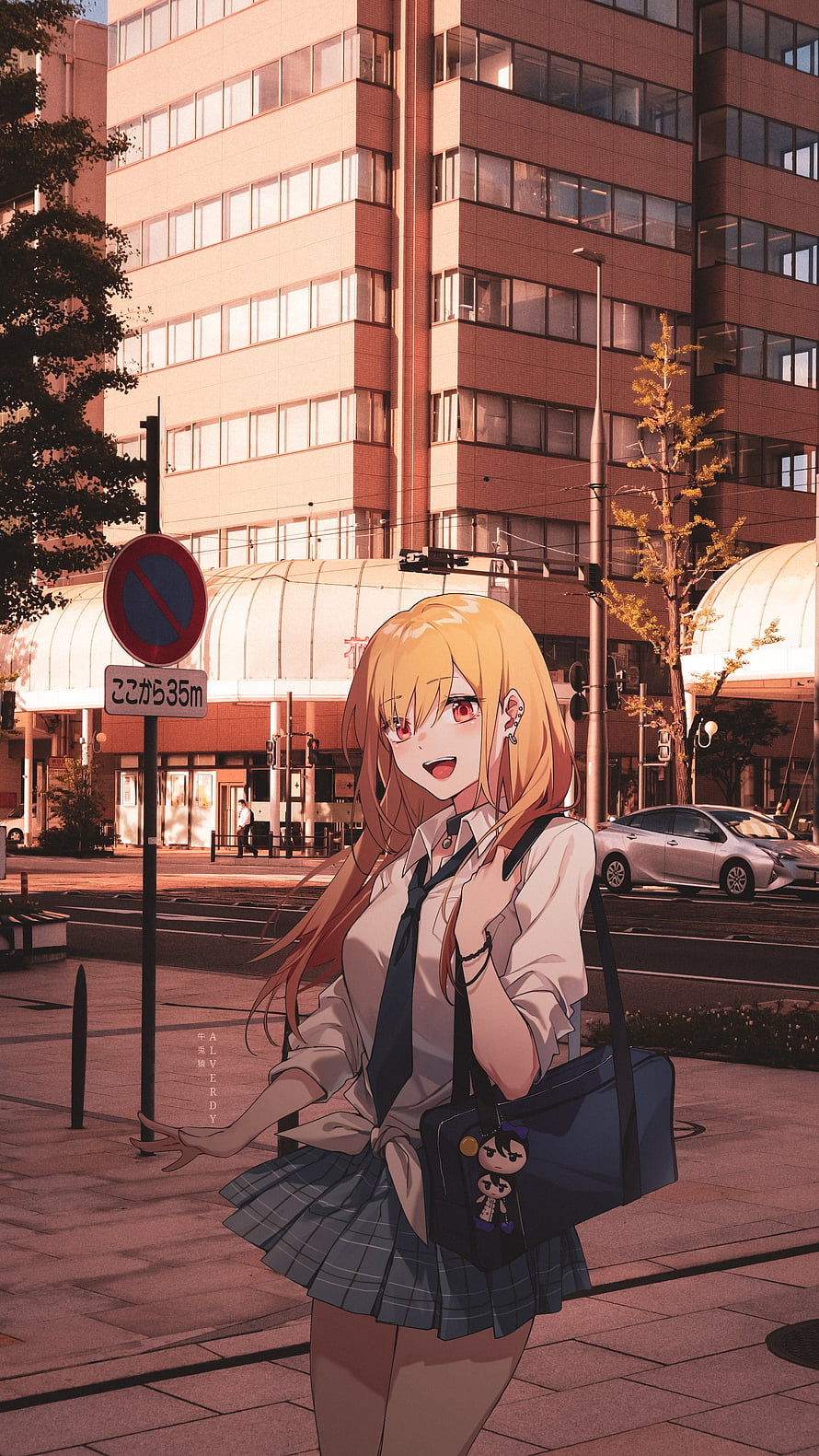 Marin Kitagawa from My Dress-Up Darling in a Japanese City Street at Golden Hour HD phone wallpaper