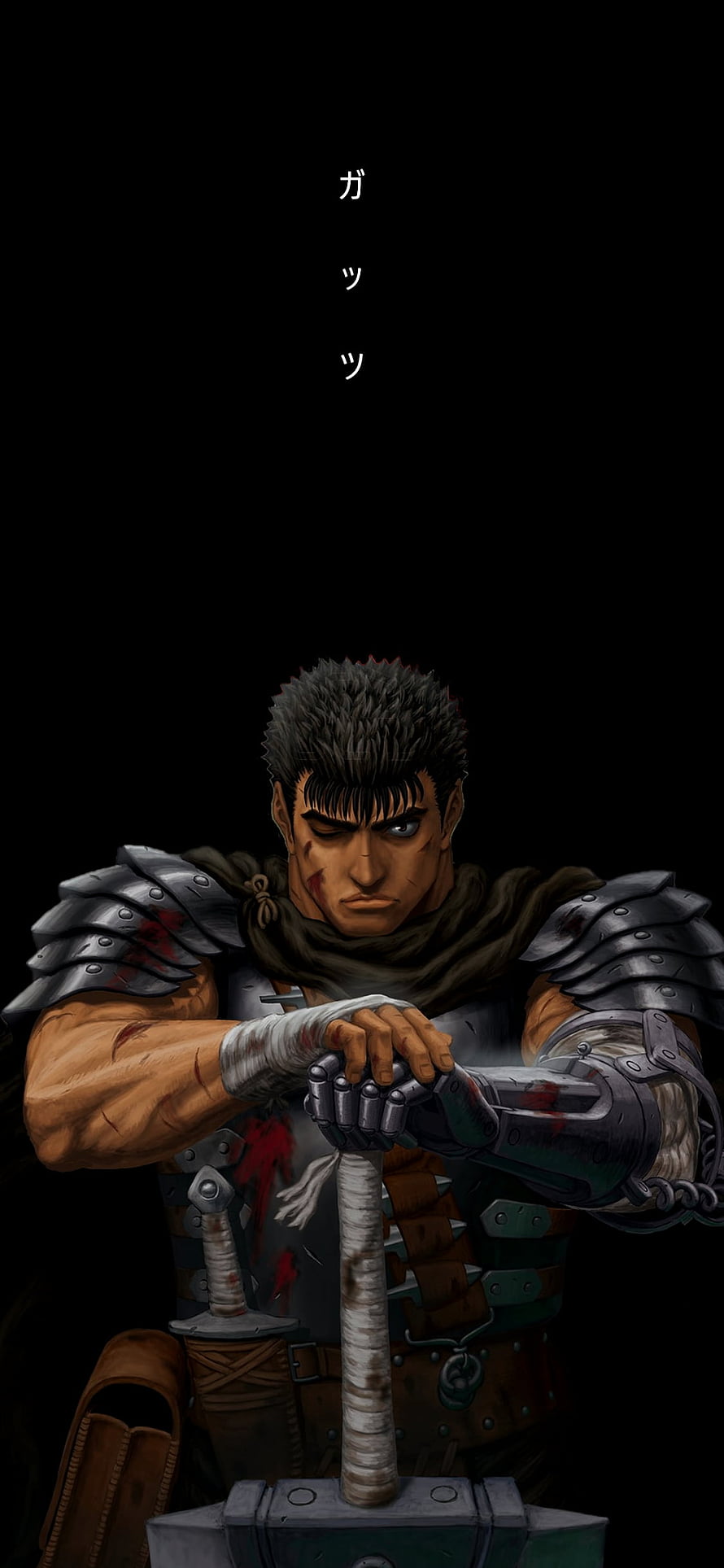 Guts from Berserk gripping sword hilt in dark armor with blood-stained bandages and intense expression HD phone wallpaper