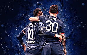 Neymar and Lionel Messi embracing in Paris Saint-Germain kits against a dark blue textured background HD wallpaper