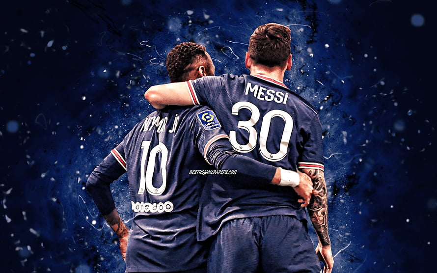 Neymar and Lionel Messi embracing in Paris Saint-Germain kits against a dark blue textured background HD wallpaper
