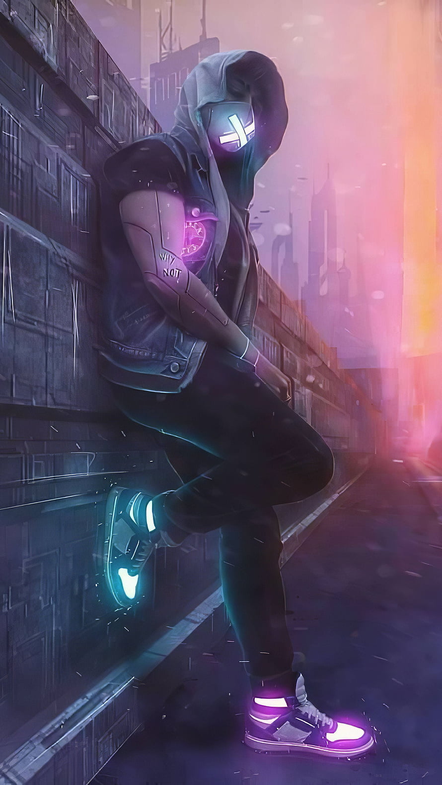 Cyberpunk Hooded Figure Leaning Against Wall With Glowing Neon Mask and Shoes HD phone wallpaper