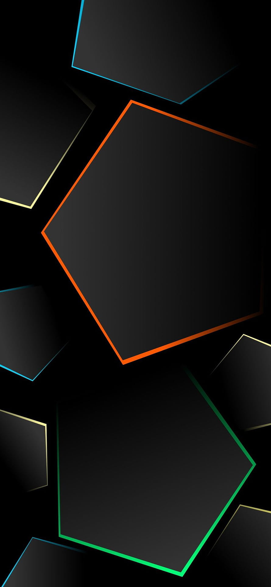 Dark Geometric Hexagon Pattern with Neon Orange, Blue, and Green Outlines HD phone wallpaper