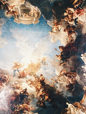 Baroque Ceiling Fresco at the Palace of Versailles with Mythological Figures and Dramatic Clouds HD phone wallpaper