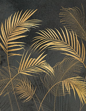Elegant Gold Palm Leaf Line Art on Textured Black Background HD phone wallpaper