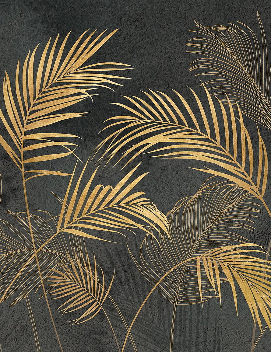 Elegant Gold Palm Leaf Line Art on Textured Black Background HD phone wallpaper