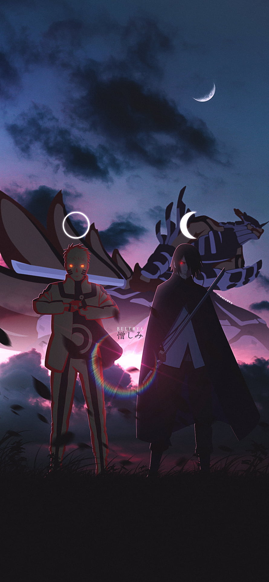 Naruto and Sasuke with Kurama and Susanoo Under a Crescent Moon HD phone wallpaper