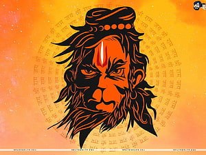 Lord Hanuman Portrait with Sacred Sanskrit Mantra Circle and Fiery Orange Background HD wallpaper