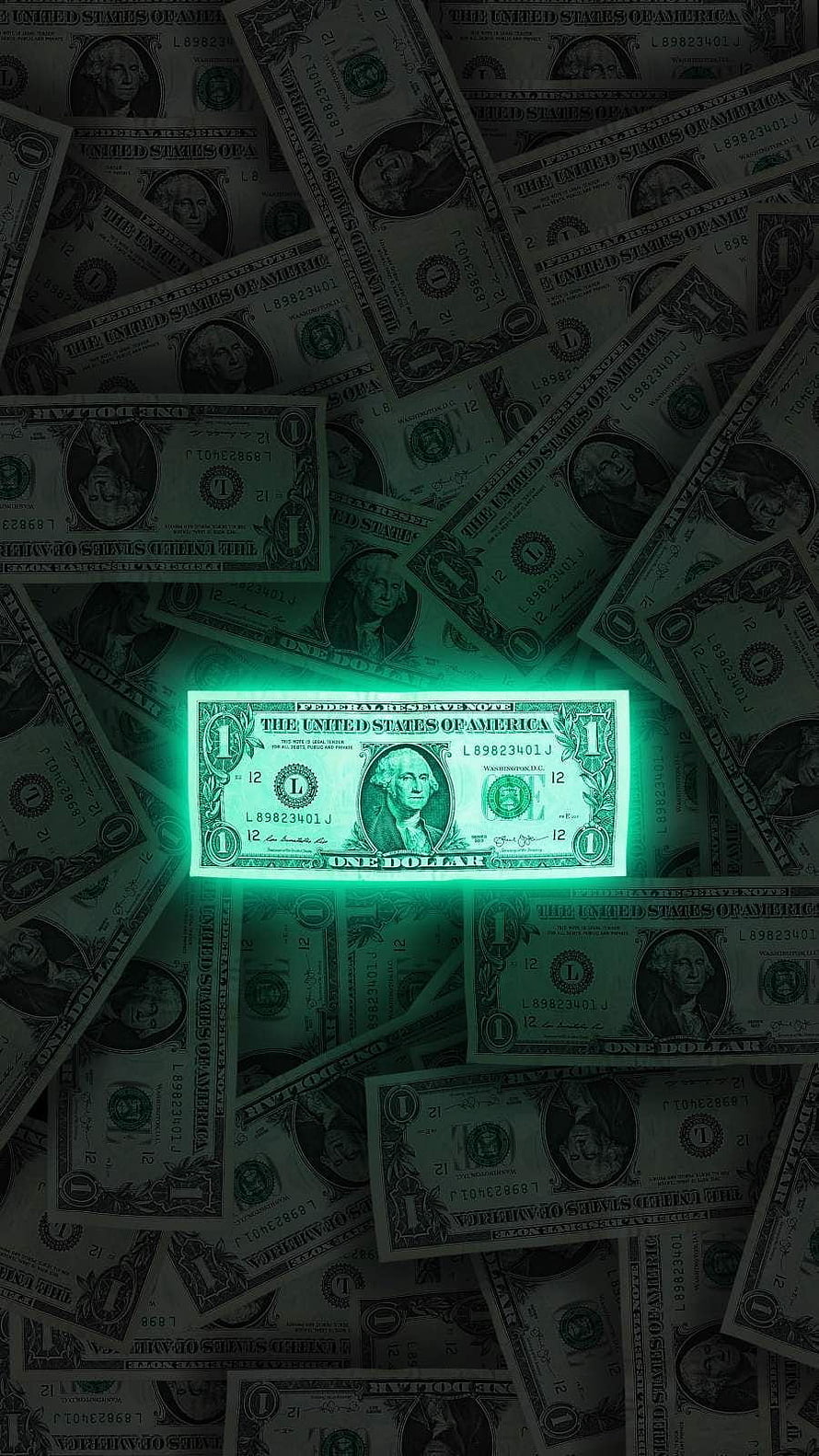 Glowing One Dollar Bill Amidst Scattered US Currency with Neon Green Glow HD phone wallpaper