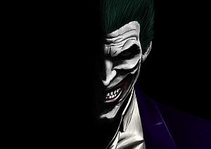 Joker Half-Face Portrait in Purple Suit with Dark Comic Book Illustration Style HD wallpaper