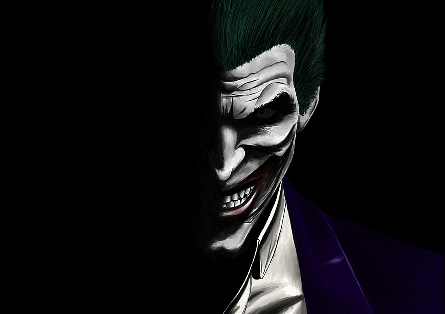 Joker Half-Face Portrait in Purple Suit with Dark Comic Book Illustration Style HD wallpaper