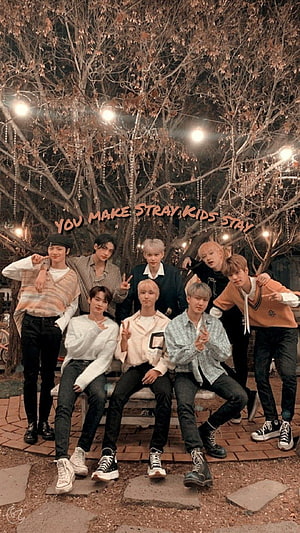 Stray Kids Group Photo Under Autumn Tree With String Lights HD phone wallpaper