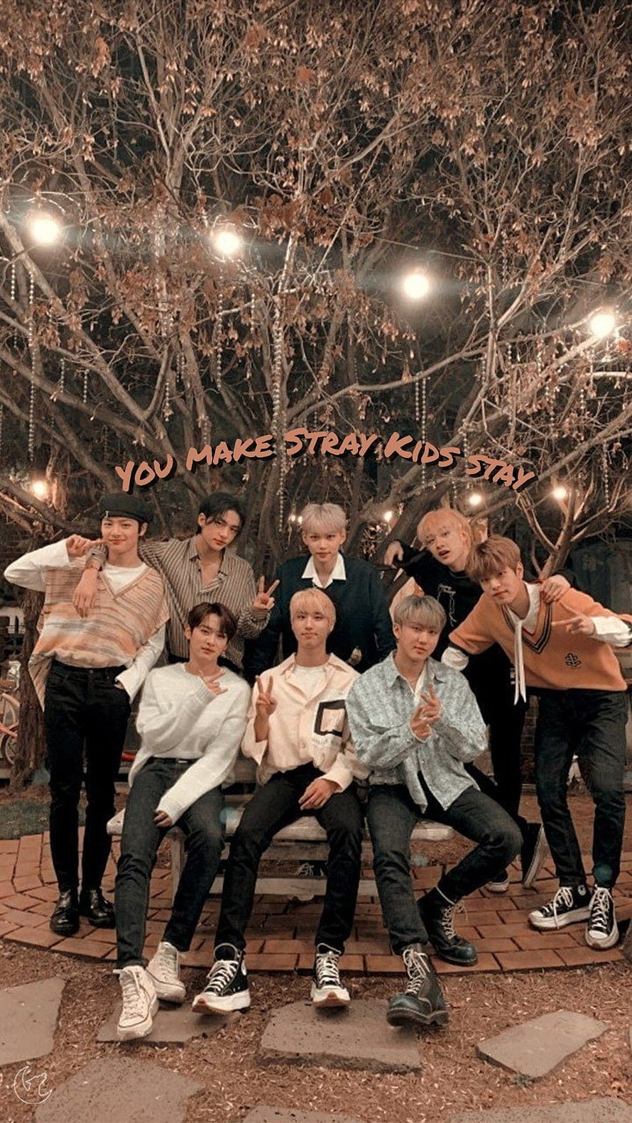 Stray Kids Group Photo Under Autumn Tree With String Lights HD phone wallpaper