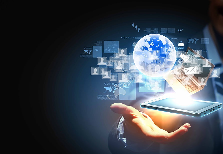 Glowing Digital Globe and Laptop on Dark Background for Technology Concept HD wallpaper