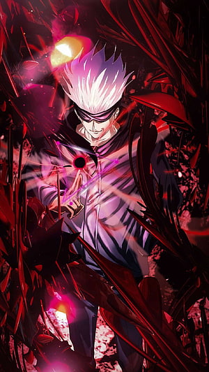 Gojo Satoru from Jujutsu Kaisen channeling cursed energy in a dark crimson void HD phone wallpaper