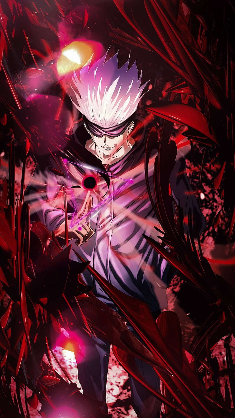 Gojo Satoru from Jujutsu Kaisen channeling cursed energy in a dark crimson void HD phone wallpaper