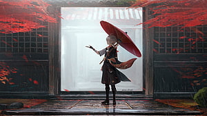 Kaedehara Kazuha from Genshin Impact Standing in Rain with Red Umbrella HD wallpaper