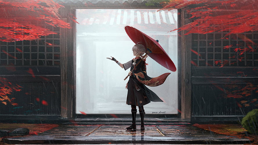 Kaedehara Kazuha from Genshin Impact Standing in Rain with Red Umbrella HD wallpaper