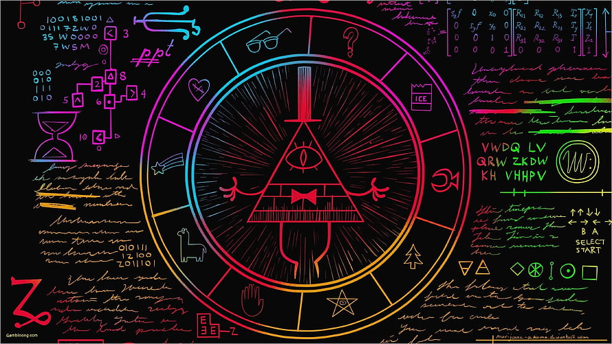 Neon Glitch Art Triangle Eye Symbol with Cyberpunk Doodles and Mathematical Equations HD wallpaper
