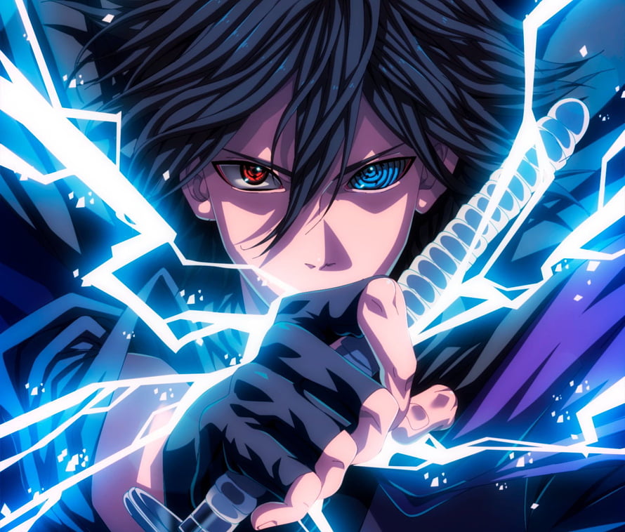 Uchiha Sasuke with Rinnegan and Sharingan Eyes Wielding a Glowing Blue Sword HD wallpaper