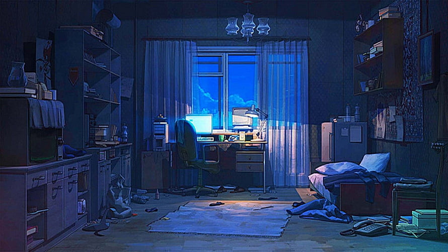 Moody Anime Bedroom With Glowing Computer Desk And Night Window HD wallpaper