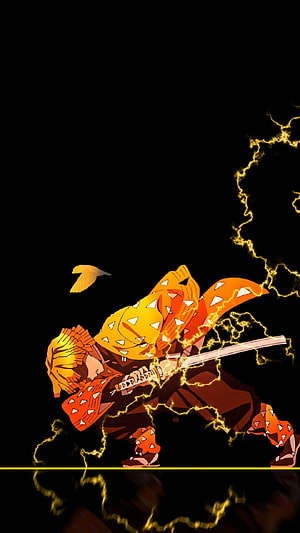 Demon Slayer Anime Character Wielding Katana with Electric Lightning Effects on Black Background HD phone wallpaper